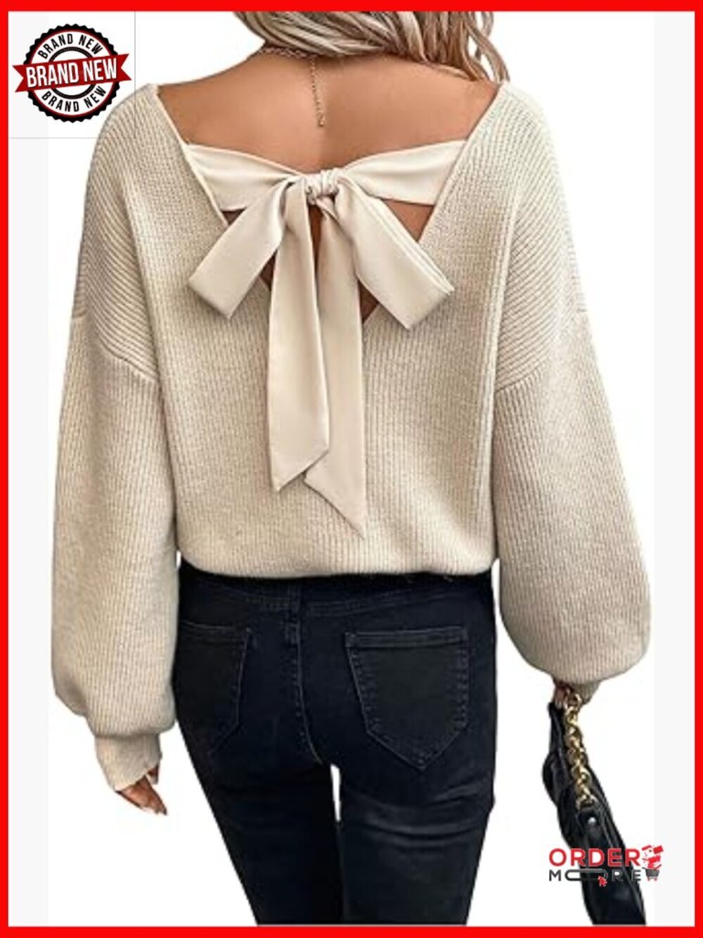 Off Shoulder Knit Sweater Tie Back Bow Detail Long Sleeve V Neck Pullover Top